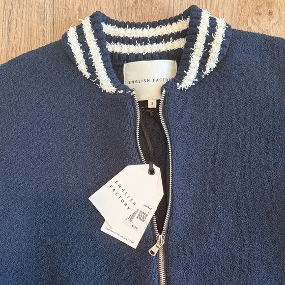 English Factory Navy Knit Bomber Jacket with White Stripes - Picture 3 of 3